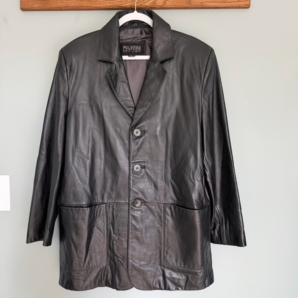 Vintage Wilsons Leather Black Long Line Front Button Blazer Coat Jacket Unisex
